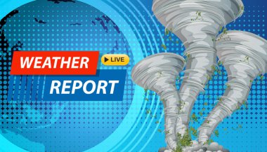 Kasırgalar ve dijital bir küre içeren canlı vektör illüstrasyonu, hava durumu yayınları ve haber sunumları için ideal