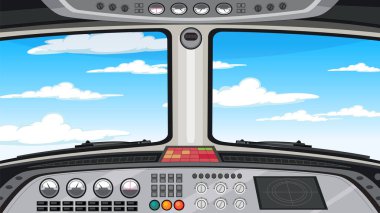 İçi açık mavi gökyüzü pencerelerden görülebilen bir uçak kokpitinin vektör çizimi