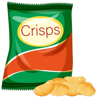 Önünde birkaç altın parçalı, düz dizayn edilmiş patates cipsi içeren yeşil ve kırmızı cips paketinin vektör çizimi