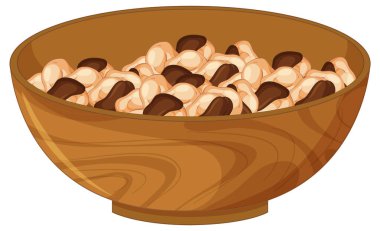 Siyah bezelye çekirdekleri içeren ahşap bir kasenin vektör çizimi, düz, temiz bir stile sahip, sıcak toprak tonları ve pürüzsüz gölgeleme