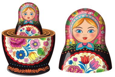 İki Rus matryoshka bebeğinin vektör çizimi, biri açık, canlı çiçek desenleri, kalın çizgiler ve parlak, zıt renkler sergiliyor.