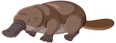 Tatlı ornitorenk gözleri kapalı, yumuşak, çizgi film tarzında bembeyaz arka planda yumuşak gölgelendirmeli ve nötr kahverengi tonları var.