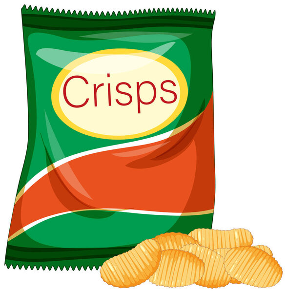 Векторная иллюстрация зеленого и красного картофельных чипсов сумка с несколькими золотыми, хребетными чипсами спереди, выполненная в плоском дизайне