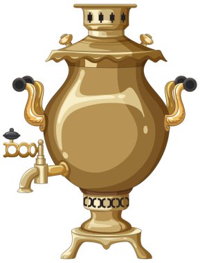 Klasik pirinç semaver, temiz vektör stili, sıcak altın tonlar, simetrik kompozisyon ve parlak metalik efekt için ince çizgiler.