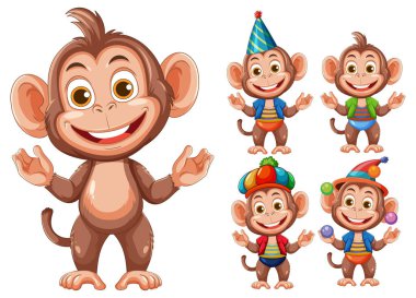 Her biri renkli parti şapkaları ve kostümleri, neşeli ifadeleri ve beyaz bir arka planda parlak, cesur renkleri olan neşeli çizgi film maymunlarının vektör çizimi