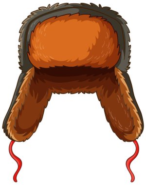 Geleneksel bir Rus ushanka şapkasının vektör çizimi. Kahverengi kürk astarlı, kulak flaplı ve kırmızı kravatlı.