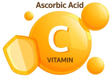 Parlak turuncu küreleri ve kalkanı olan C vitamini askorbik asitinin parlak vektör çizimi, düz tasarım, temiz beyaz zemin, modern tarz