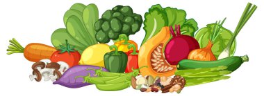 Düz dizayn, temiz çizgiler ve parlak, doğal renkler kullanılarak bir gruptaki çeşitli sebzelerin canlı bir temsili.