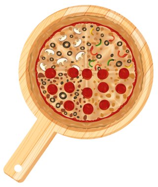 Çeşitli malzemelerle dilimlenmiş, yuvarlak ahşap servis panosunda sunulan pizzanın vektör çizimi.