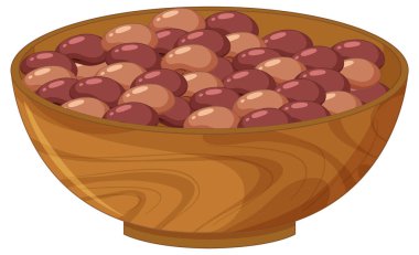 İçinde çeşitli kırmızı ve kahverengi fasulyeler bulunan ahşap bir kasenin vektör çizimi. Düz, temiz bir stile sahip, ince ahşap desenli.