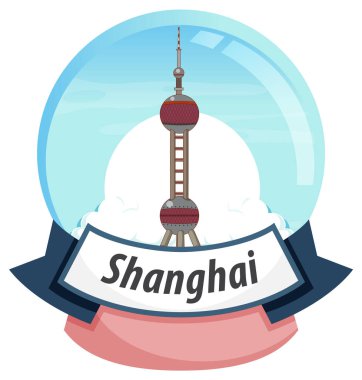 Şangay 'ın ikonik kulesinin bir kar küresi içindeki temsili temsili görüntüsü. Temiz çizgiler, pastel renkler ve modern estetik.