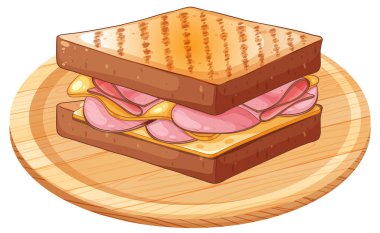 Kızarmış ekmek, katmanlı et ve peynirli kızarmış jambonlu sandviçin yuvarlak ahşap bir tabakta servis edilen vektör çizimi.