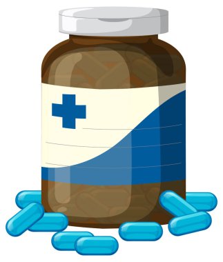 Mavi haç etiketli kahverengi cam ilaç şişesinin vektör çizimi, mavi kapsüllerle çevrili, temiz ve düz bir şekilde.