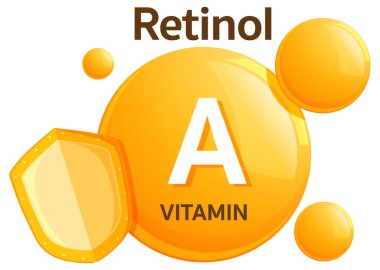 A vitamini sembolünün parlak vektör çizimi, parlak turuncu baloncuklar, kalkan motifi ve düz modern tarzda kalın tipografi içerir.
