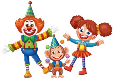 Parlak renkli palyaço, maymun ve kız vektör illüstrasyonunda. Kalın renkler ve neşeli ifadeler canlı bir kompozisyon oluşturur