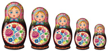 Karmaşık çiçek desenleri olan beş renkli Rus yuvalama bebeği, beyaz üzerine dizilmiş..