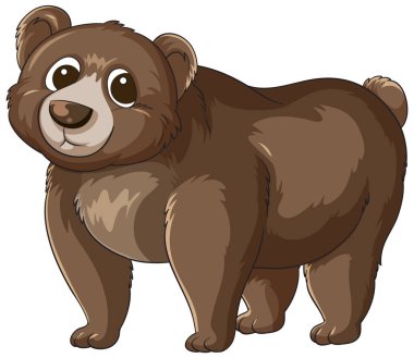 Büyük gözleri, yuvarlak hatları ve beyaz arka planda yumuşak gölgeleri olan neşeli çizgi film kahverengi ayısı..