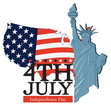 Vatansever renkler ve kalın metinlerle ABD haritasında Özgürlük Heykeli 'nin vektör illüstrasyonu.