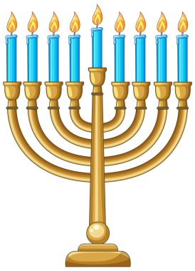 Dokuz mavi mum, parlak alevler ve temiz beyaz arkaplan ile altın bir menoranın vektör çizimi