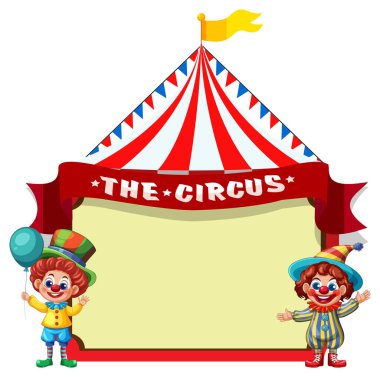 Sirk çadırının renkli vektörü neşeli kiraz kuşu, iki neşeli palyaço ve boş tabela..