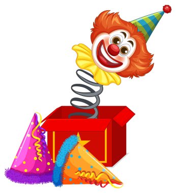 Şen şakrak parti şapkalı neşeli palyaço, neşeli çizgi film vektörü, beyaz tenli..