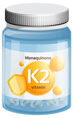 Net plastik bir K2 vitamini ilave şişesinin düz vektör çizimi.