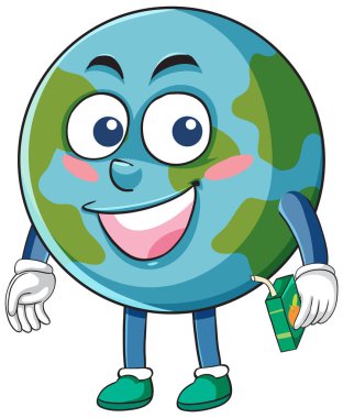 Neşeli çizgi film karakteri meyve suyu kutusu, parlak renkler, cesur çizgiler, neşeli ifade.