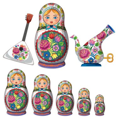 Süslü halk tarzında Rus matryoshka bebekleri, balalayka ve çiçek çaydanlığının renkli vektörü.