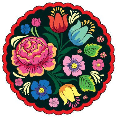 Kalın hatlı ve kırmızı kenarlıklı dairesel vektör tasarımlı parlak halk tarzı çiçekler..