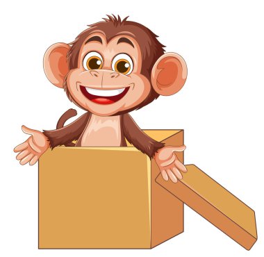 Neşeli çizgi film maymunu, açık bir karton kutudan oyuncu bir çizimle fırlıyor..