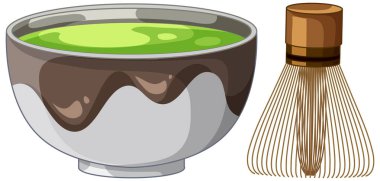 Vektör stili kibrit çay kasesi ve bambu çırpısı. Temiz çizgiler, düz renkler, kenar görüş.