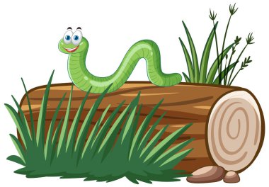 Kocaman gözleri olan neşeli yeşil çizgi film yılanı çimenlerin ve bitkilerin arasında bir kütüğün üzerinde dinleniyor..