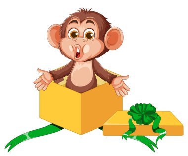 Geniş gözlü çizgi film maymunu yeşil kurdeleli sarı hediye kutusundan fırlar..