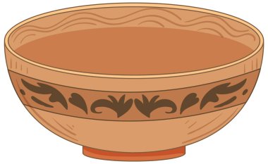 Çiçek desenli süslü seramik kasenin vektör çizimi, toprak renkleri, ve basit gölgeleme
