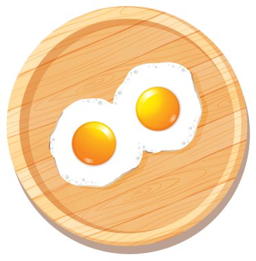 Yuvarlak ahşap kesme tahtasındaki iki güneşli kenarlı yumurtanın yukarıdan aşağıya çizimi.