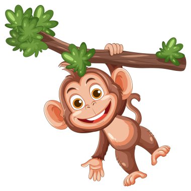 Büyük gözlü oyuncu çizgi film maymunu canlı vektör stilinde yapraklı ağaç dalından sarkıyor..