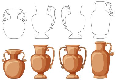 El çizimi ve renkli Orta Doğu kil vazoları, vektör biçimi, beyaz arka planda izole edilmiş.