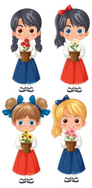 Büyük gözlü, saksı çiçekli dört genç kızın bembeyaz bir yerde izole edilmiş görüntüsü..