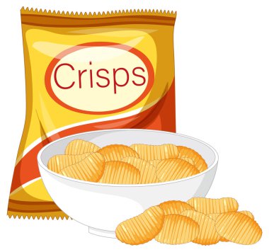 Beyaz arka planda abur cubur poşeti olan bir kasede yivli patates cipsinin vektör çizimi.