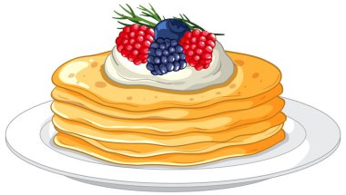 Beyaz bir tabakta çırpılmış krema ve böğürtlenli altın krep temsili..