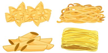 Beyaz arkaplanda farfalle, spagetti, penne ve tagliatelle makarnasının düz vektör çizimi.