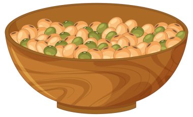 Sarı soya fasulyesi ve yeşil bezelyeli ahşap bir kasenin düz vektör çizimi, temiz stil..