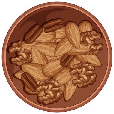 Yuvarlak kahverengi bir kâsede badem, ceviz ve ceviz düz vektör çizimi..