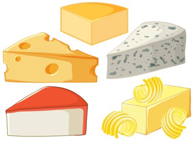 Temiz beyaz arkaplanda çeşitli peynir türleri ve tereyağı kıvrımlarının renkli vektör çizimi.