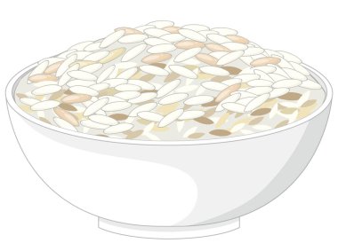 Tarafsız tonlarda çeşitli taneciklerle dolu beyaz bir seramik kasenin düz vektör çizimi.