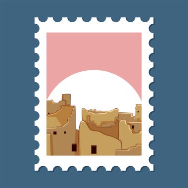 Pembe günbatımında kerpiç binaları olan, dekoratif posta pulu olarak çerçevelenmiş çöl köyü silueti..