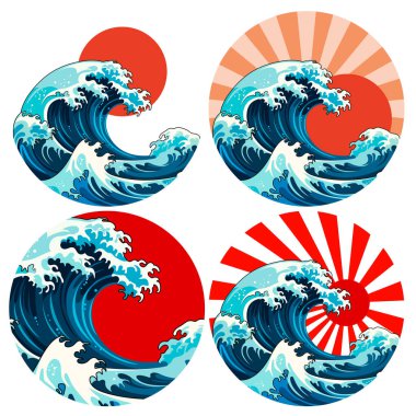 Kırmızı güneş arkaplanlı cesur vektör dalgaları, geleneksel Japon sanat ve tasarımından esinlenilmiştir