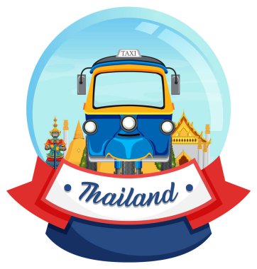 Tay tuk-tuk ve tapınaklarının kar küresi içindeki renkli vektörü, seyahat ve kültürü simgeliyor..