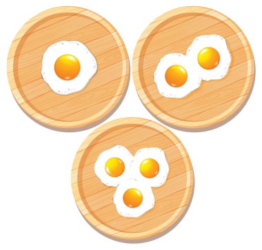 Yuvarlak ahşap kesme tahtalarında tek, çift ve üçlü yumurta düz vektör çizimi.