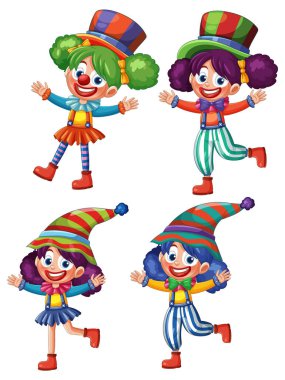 Canlı kostümlü dört neşeli palyaço, beyaz arka planda bir şebekeye yerleştirilmiş..